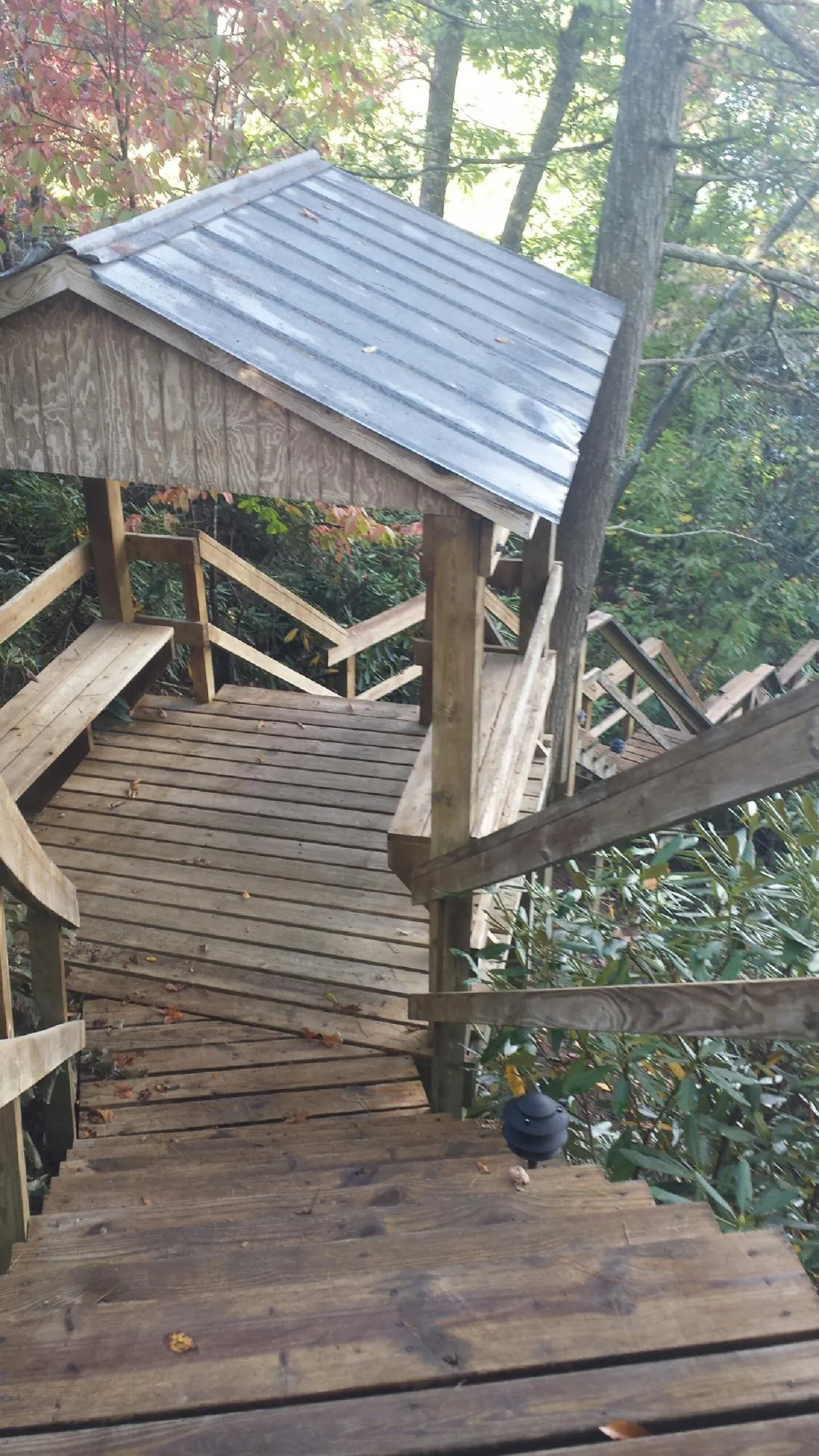 Metal roofed shelter over wooden steps on a wooded walkway — Skylight Repair & Installation work by our crew in Fountain